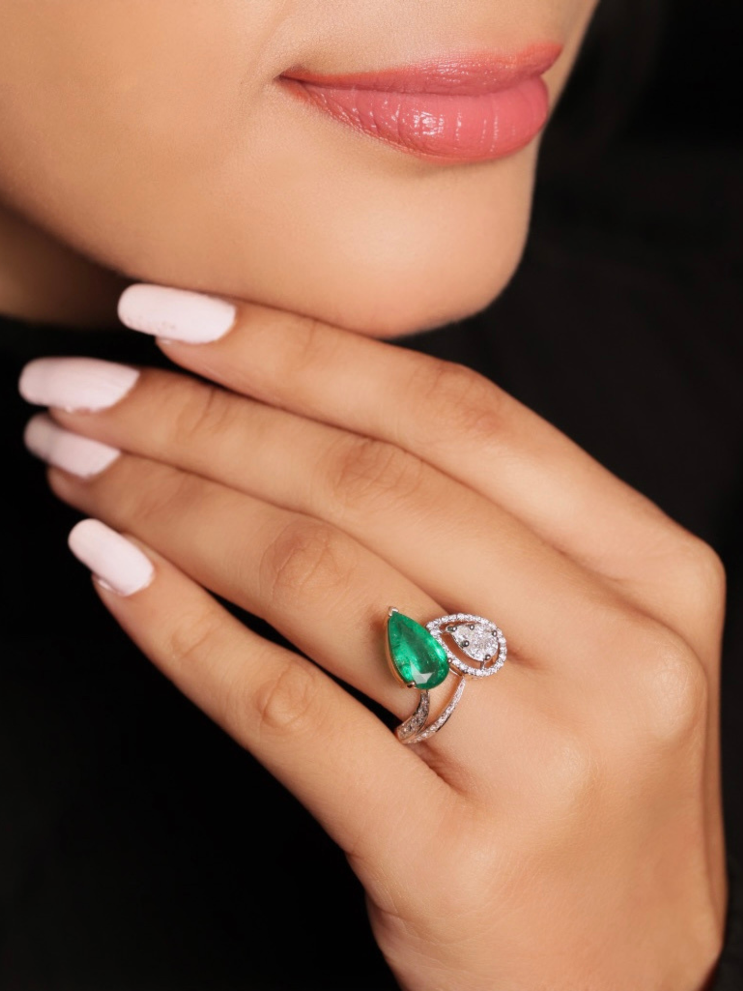 Emerald–Diamond Dual Teardrop Ring