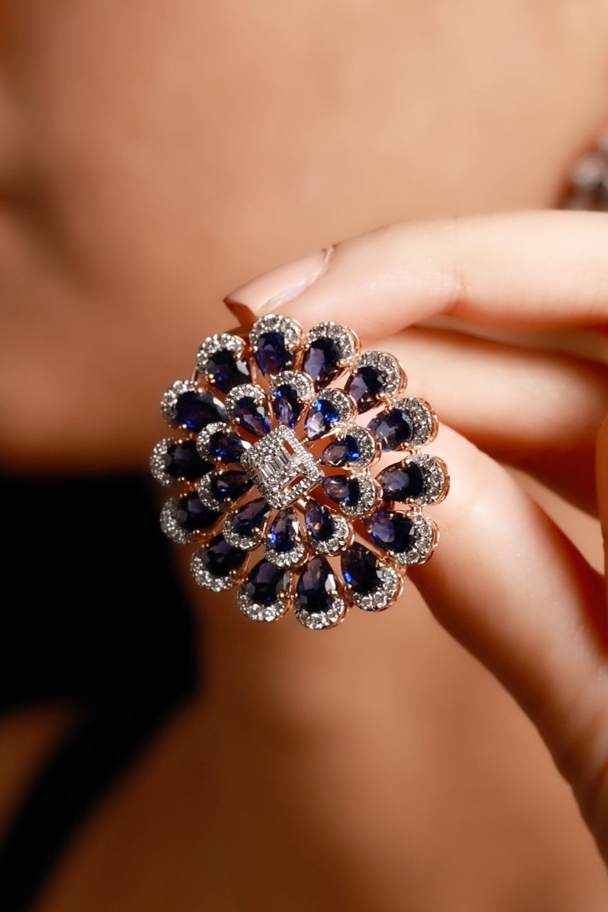 Bold Floral Diamond Earrings with Inky Blue Pear Stones