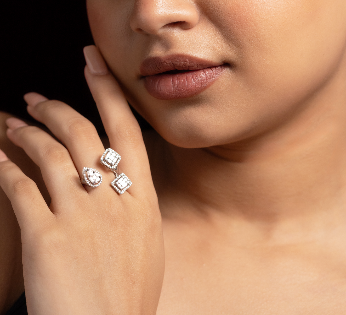 Open Trio Diamond Ring – Pear, Princess, Baguette Shapes – Gehna Jewellers