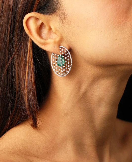 ER9001 - 18KT Oval Earrings with Diamond Veil and Hidden Emerald Inlay – Gehna Jewellers
