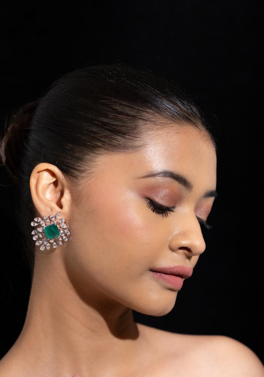 ER9070 - 18KT Floral Stud Earrings with Emerald Center and Diamond Halo – Gehna Jewellers