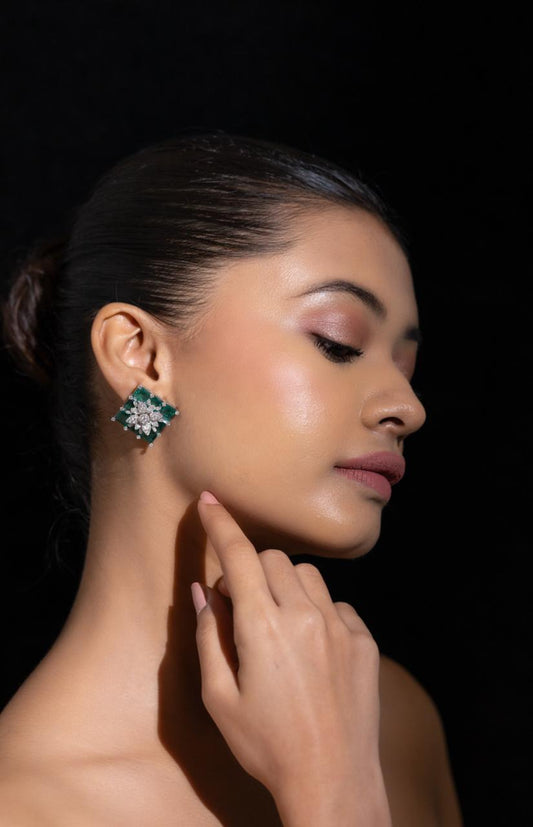 R9017 - 18KT Cluster Stud Earrings with Princess-Cut Emeralds and Diamond Blossom – Gehna Jewellers