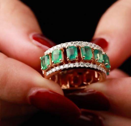 Emerald and Diamond Wide Gold Band