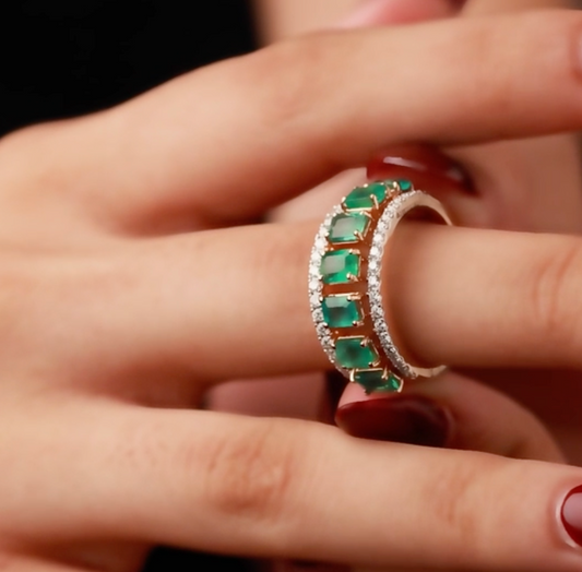 Emerald and Diamond Wide Gold Band