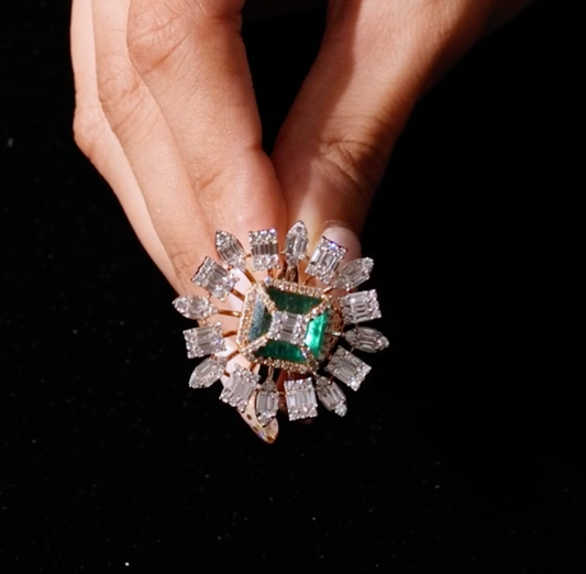 Exploding Emerald-Cut Diamond Ring