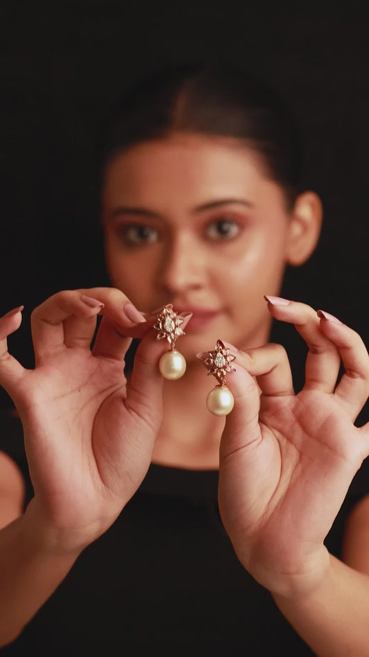 Rose-Cut Diamond & Pearl Floral Earrings 
