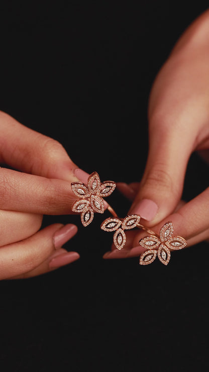 Twin Bloom Floral Two-Finger Ring – Marquise Diamond Statement Ring – Gehna Jewellers